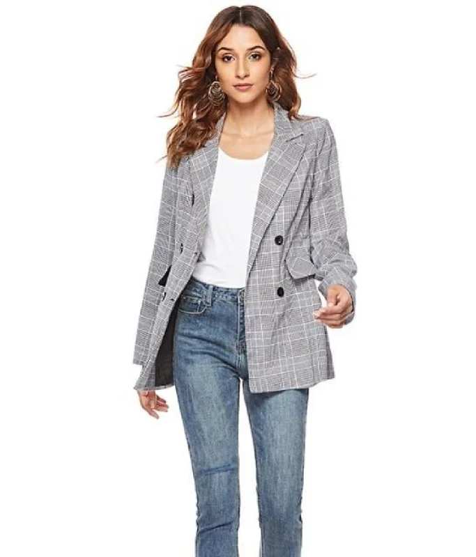 fashionable metallic puffer jacket for women -Womens Double Breasted Grey Checkered Blazer