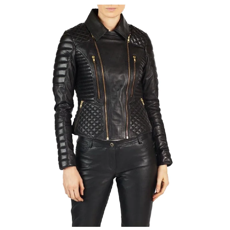 women's classic pea coat -Women Motorcycle Biker Leather Jacket Gold Zipper