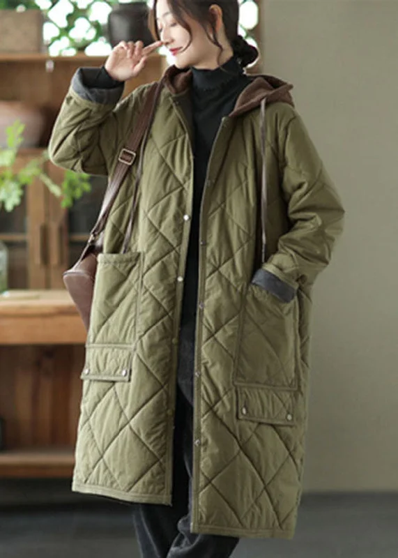 women's double-breasted coat -Army Green Pockets Button Thick Hooded Parka Long Sleeve