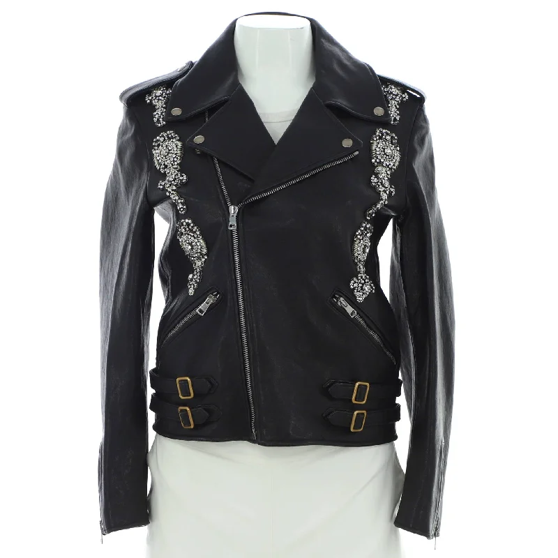 women's mid-length wool coat -Women's Biker Jacket Leather with Crystal Embellished Details