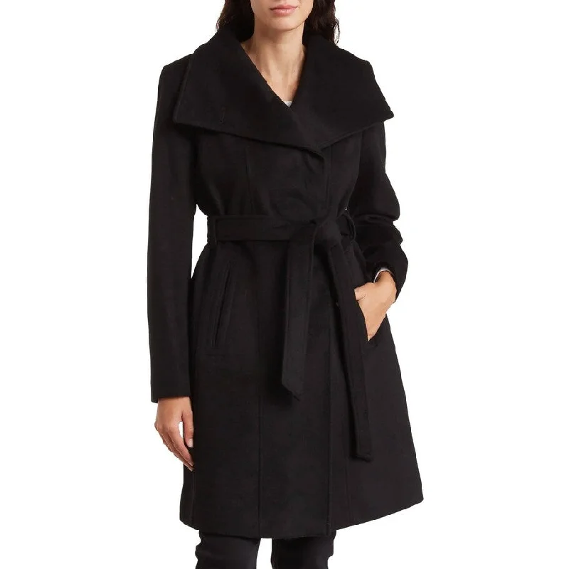 cozy oversized wrap coat for women -Michael Michael Kors Wool Belted Wing Collar Solid Black Wrap Coat