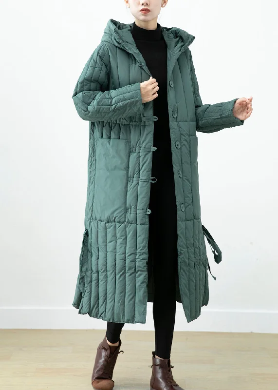 ladies' lightweight anorak coat -Elegant Green Hooded Pockets Fine Cotton Filled Long Coat Winter