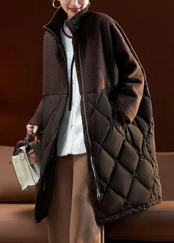 stylish fleece-lined coat for women -French Coffee Zip Up Pockets Woolen Patchwork Duck Down Parka Winter