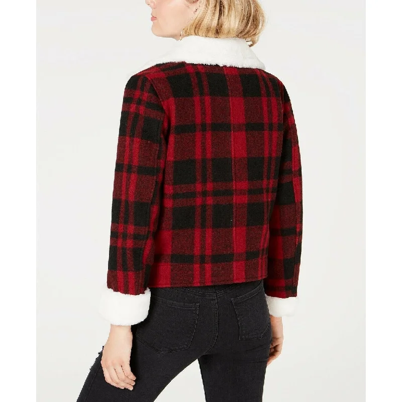 women's asymmetrical zip jacket -Coffee Shop Junior's Faux Collar Plaid Jacket Red Size Medium