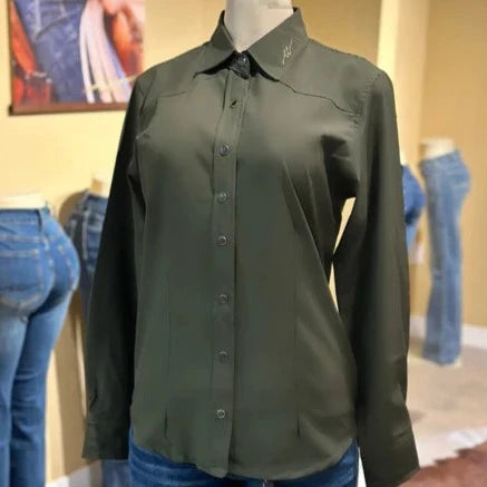 women's office wear short sleeve blouse -CC Western Women's Signature L/S Solid Western Snap Shirt in Olive