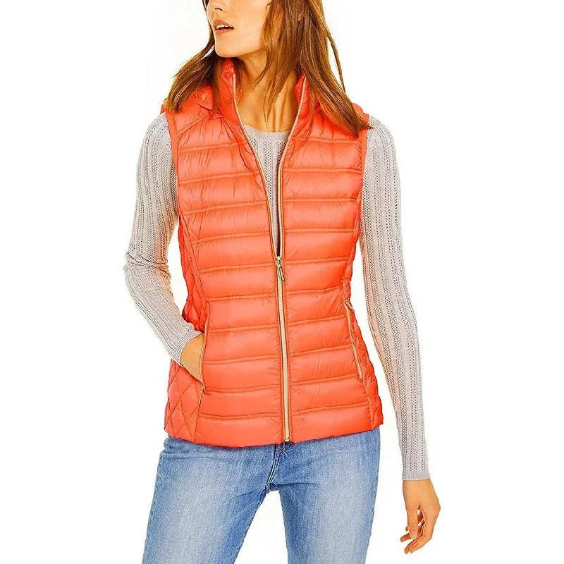 stylish fleece-lined coat for women -Michael Michael Kors Women's Orange Down Puffer Vest Jacket with Removable Hood