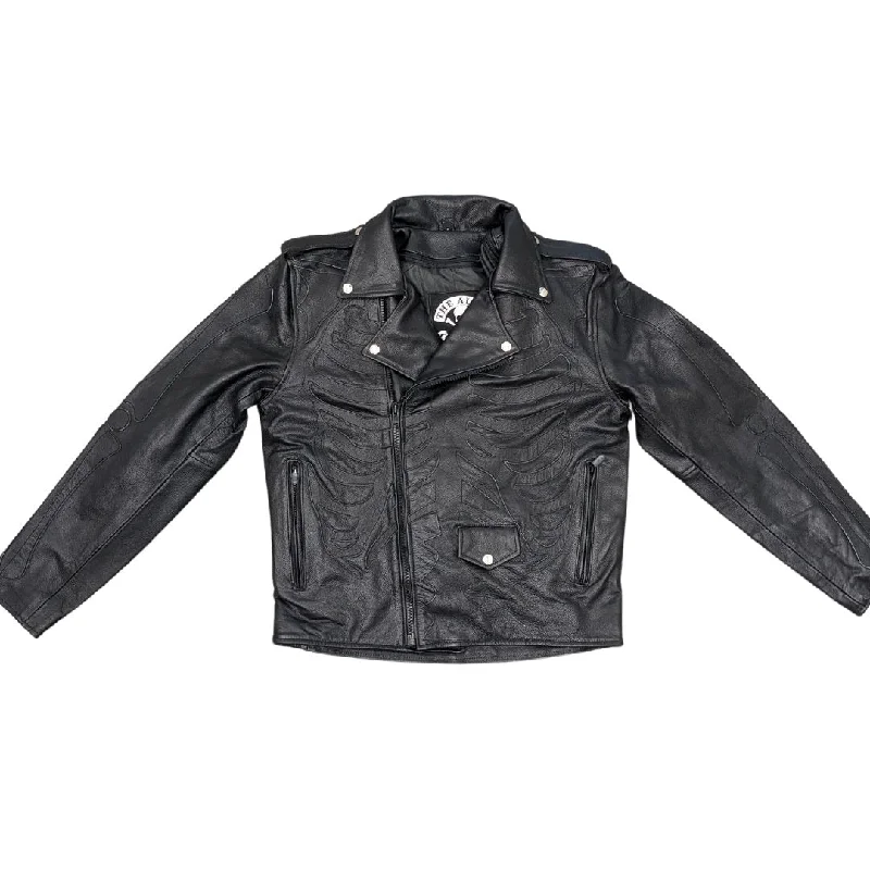 winter-ready faux shearling jacket for women -Skeleton Bones Black on Black Classic Style Leather Jacket