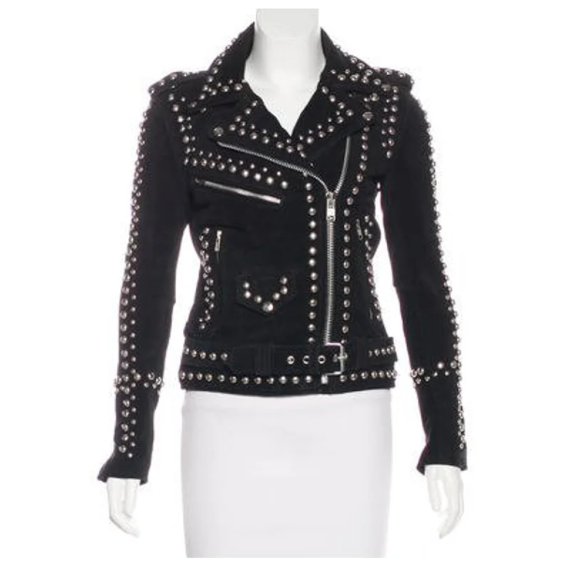 double-layered long coat for women -Moto Studded Black Suede Leather Jacket