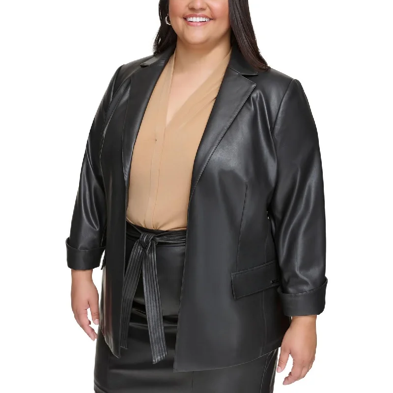 lightweight packable jacket for women -Calvin Klein Womens Plus Faux Leather Suit Separate Open-Front Blazer