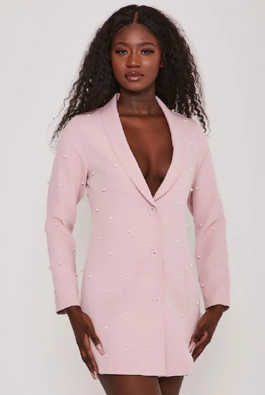 stylish houndstooth coat for women -Pearl Embellished Tuxedo Collar Blazer Dress Blush Pink