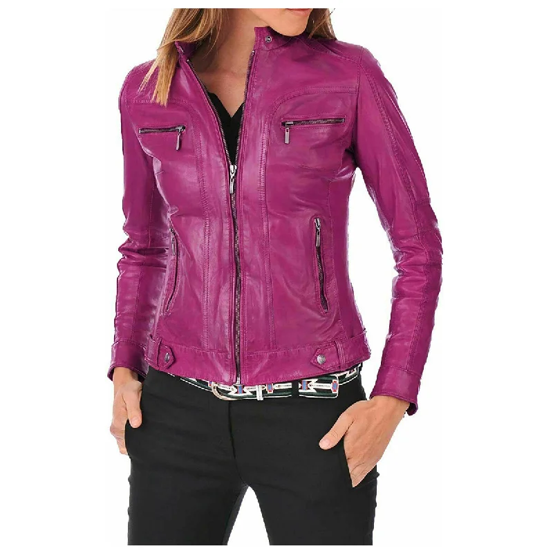 winter parka for women -Women Fashion Lambskin Leather Motorcycle Jacket