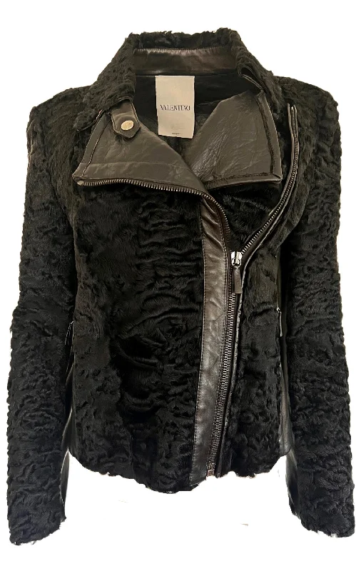 winter parka for women -Black Astrakhan Lamb Fur Karakul Biker Jacket