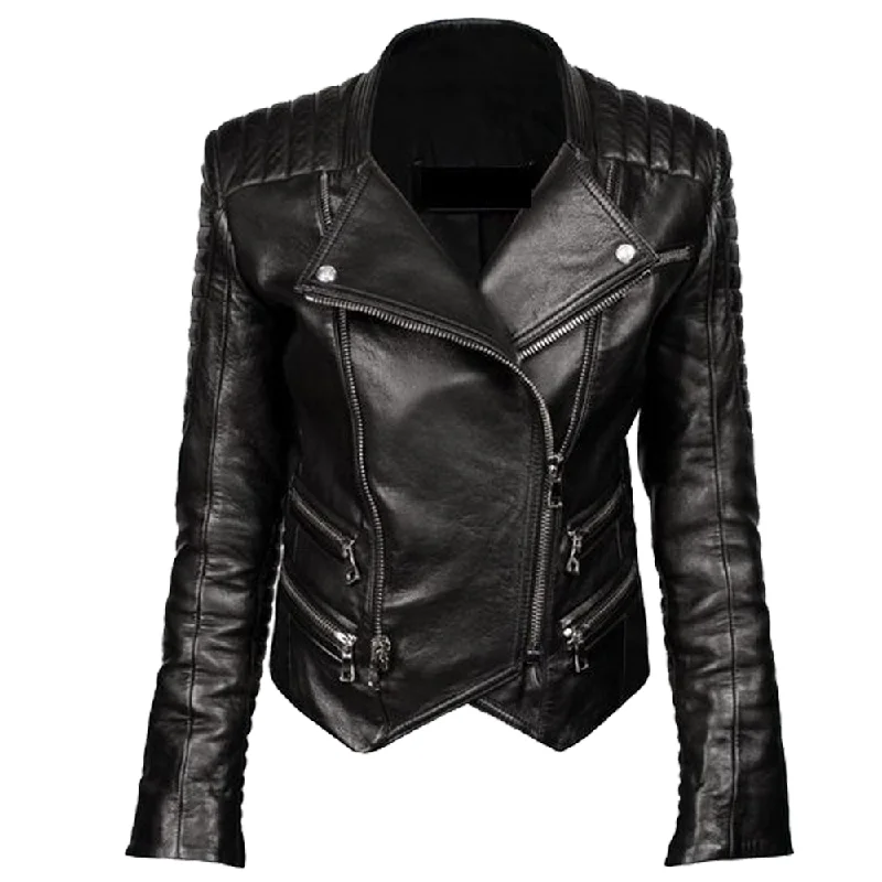 ladies' quilted coat -Women Genuine Leather Biker Double Zipper Jacket