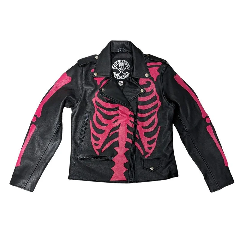 casual linen jacket for women -Womens Pink Skeleton Bones Classic Motorcycle Jacket