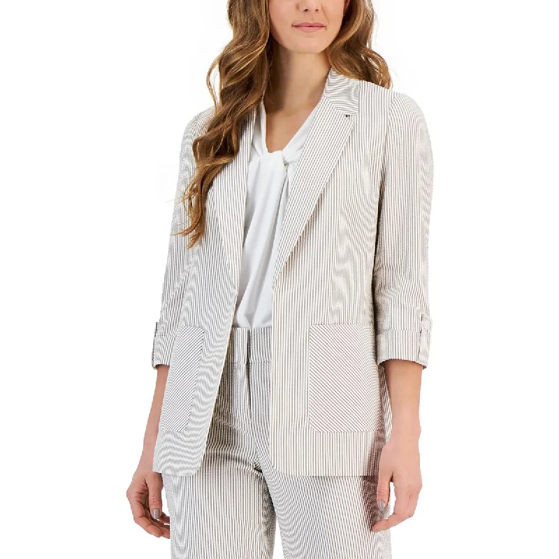 stylish houndstooth coat for women -Kasper Womens Petites Striped  Open-Front Blazer