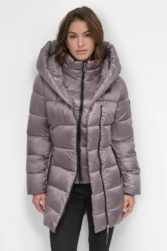 women's reversible coat -PEARLIZED PUFFER WITH HOOD