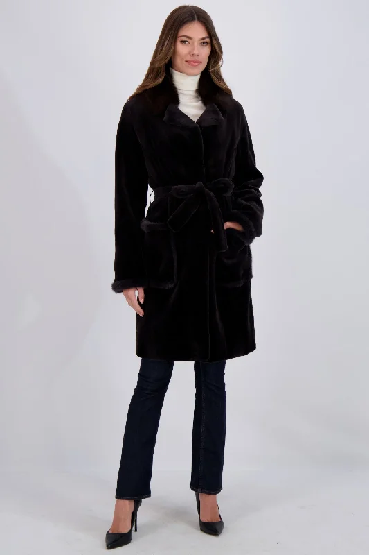 cozy teddy coat for ladies -SHEARED MINK SHORT COAT WITH SABLE COLLAR, BELT