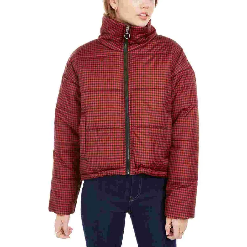 lightweight quilted jacket for women -Celebrity Pink Junior's Plaid Puffer Coat Red Size X-Small