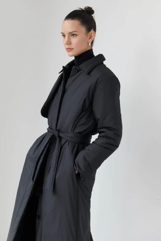 women's long trench coat -LONG BELTED PUFFER COAT