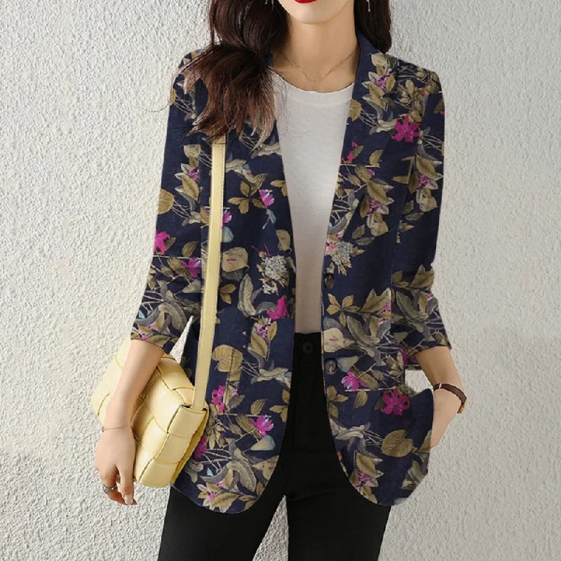 urban style cropped puffer jacket -Womens Long Sleeve  Dual Buttons Floral Blazer