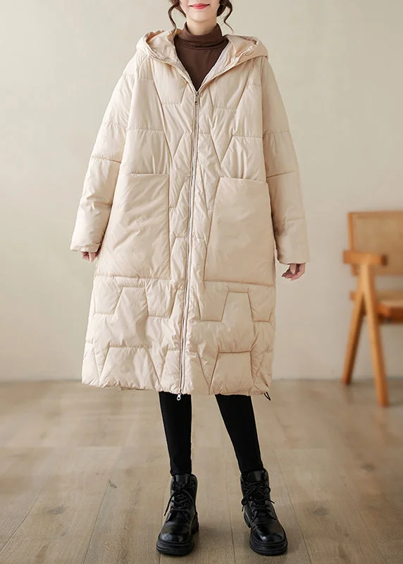 winter-ready women's parka -Loose Beige Zippered Hooded Fine Cotton Filled Coats Winter