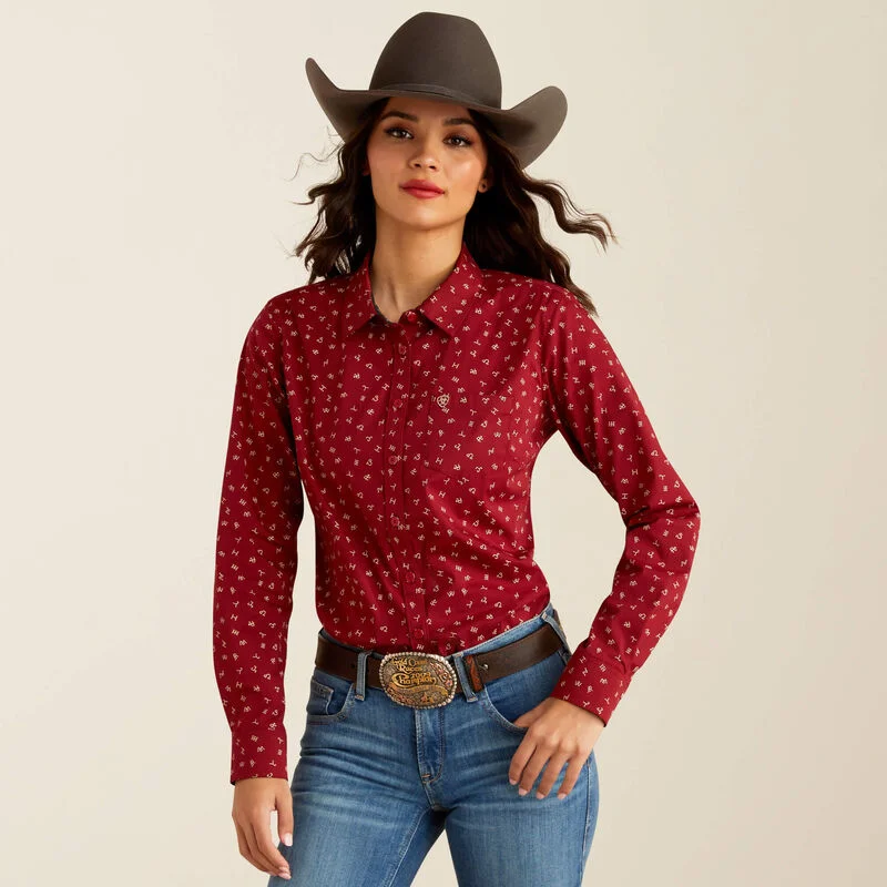 women's draped short sleeve tunic -Ariat Women's Kirby Stretch L/S Western Button Down Shirt in Red Cattle Brand (Available in Plus Sizes)