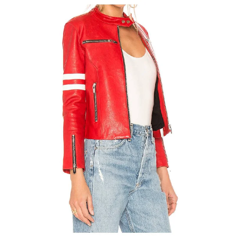 ladies' fur-lined jacket -Womens Short Body Red Leather Fashion Jacket