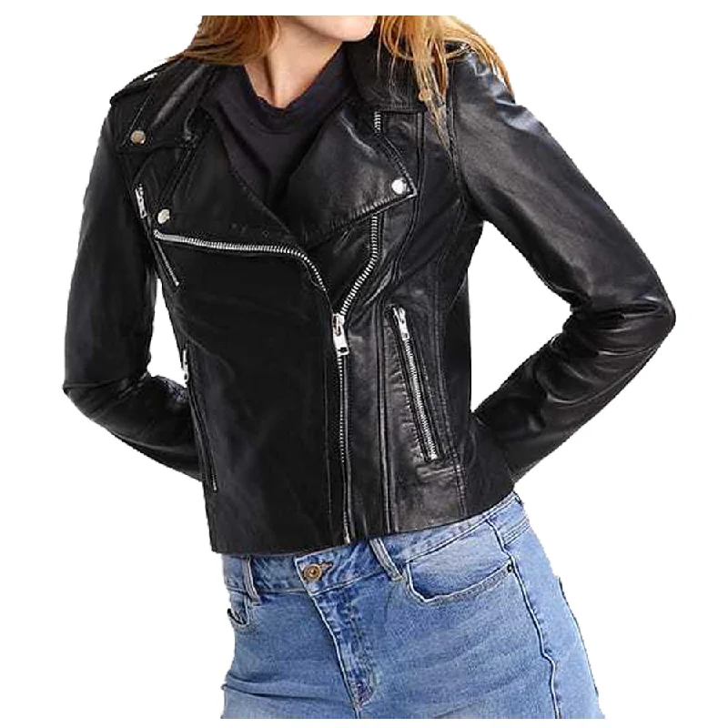 warm alpaca wool coat for ladies -Women Genuine Lambskin Motorcycle Biker Leather Jacket