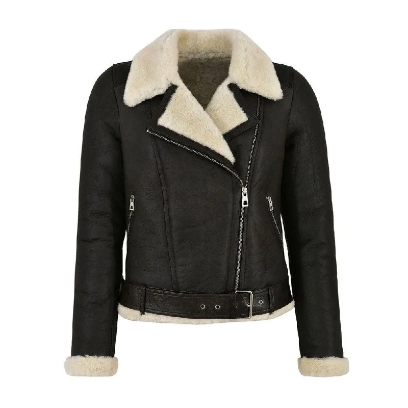 luxury designer winter coat for women -Women's Genuine Leather Faux Fur Shearling Biker Jacket