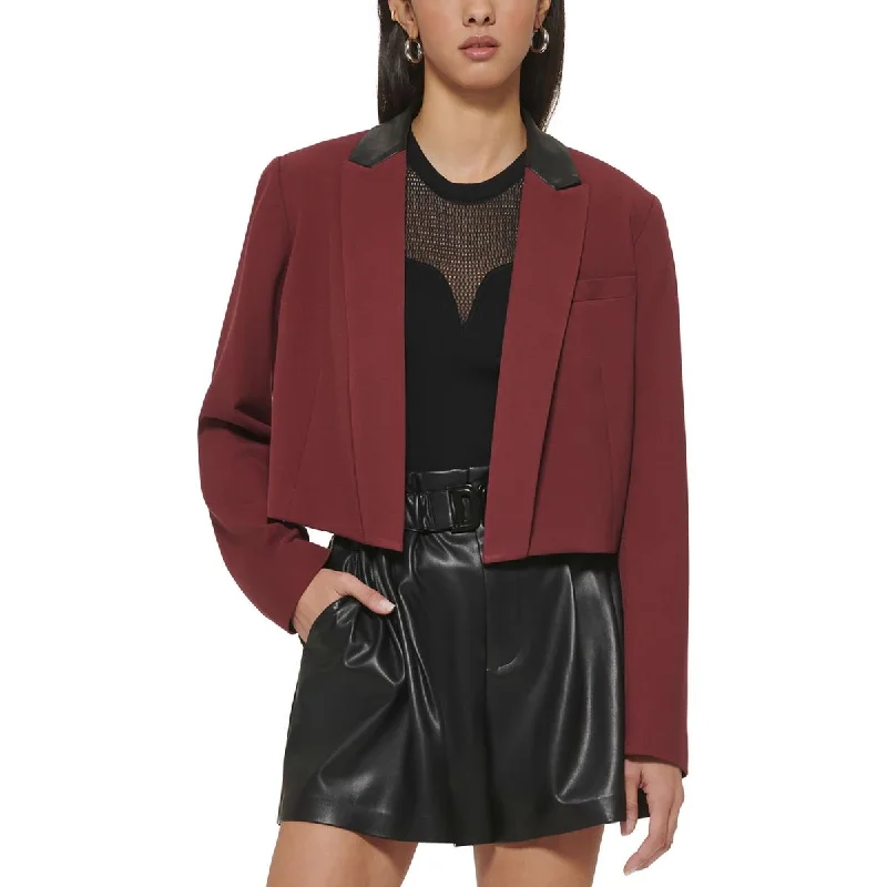 cozy teddy coat for ladies -DKNY Womens Faux Leather Trim Crop Open-Front Blazer