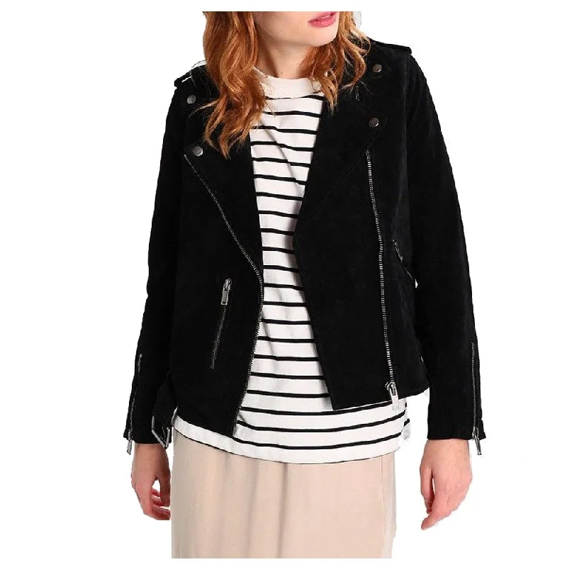 casual oversized shacket for women -Women Black Suede Leather Motorcycle Jacket