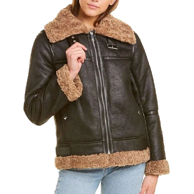 fitted wool blend coat for women -Women Aviator B3 Bomber Black Leather Jacket