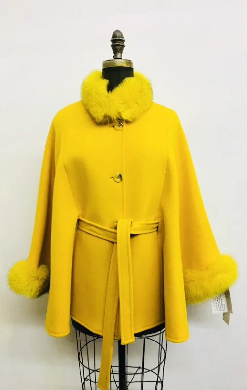 warm shearling coat for women -Maria Belted Cape  -  Cashmere & Wool Blend - Fox Trim