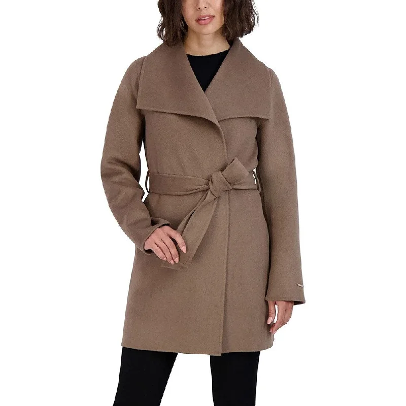 ladies' long hooded winter coat -Tahari Women's Mink Wool Wrap Coat Belted Jacket