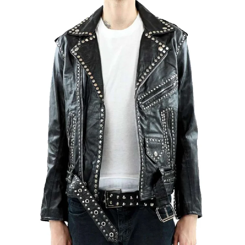 women's varsity bomber jacket -Men Studded Black Leather Party Jacket