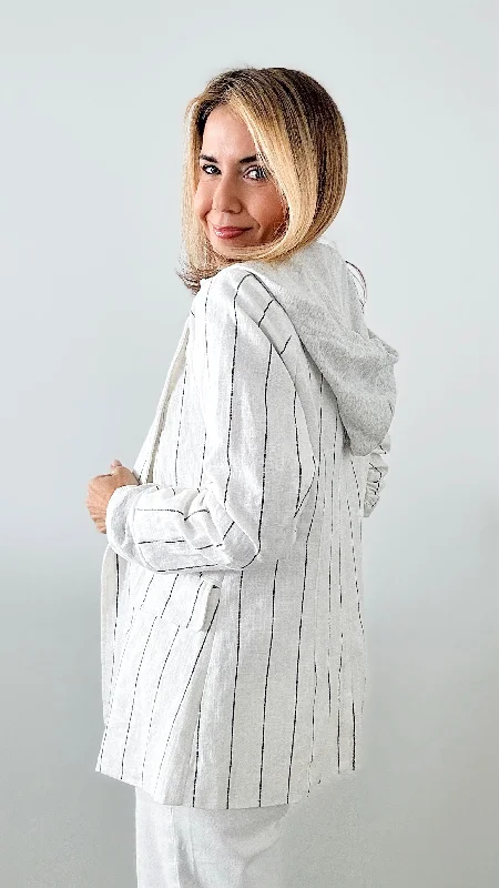 ladies' wool overcoat -Pinstripe Linen Hooded Jacket