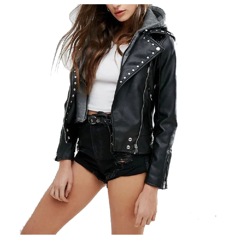 luxury faux fur coat for women -Women Pin Motorcycle Leather Jacket